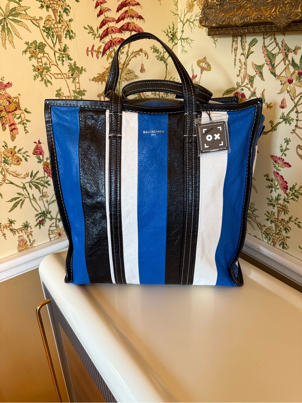 Balenciaga Bazar Shopper M – Blue Black & White Striped Lambskin Leather
